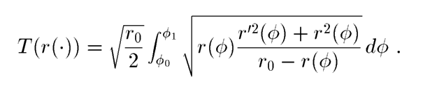$$T(r(\cdot))=\sqrt{\frac{r_0}{2}}\int_{\phi_0}^{\phi_1}\sqrt{r(\phi)\frac{r'^2(\phi)+r^2(\phi)}{r_0-r(\phi)}} \, d\phi$$